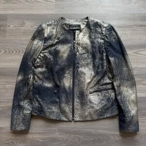 Overland Rene Suede Lambskin Leather Jacket Womens Size Large Navy Gold Abstract